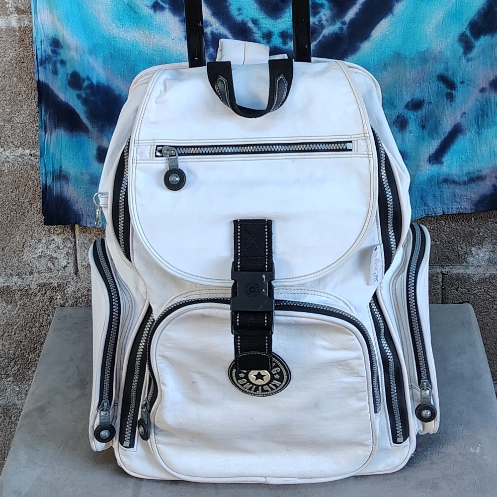 White Kipling Roller Backpack with Black Accents